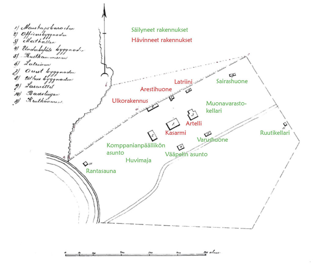 1880-luvun reservikasarmialueen säilyneet ja hävinneet rakennukset, kartta.